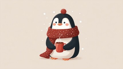 Fototapeta premium Cute penguin in winter attire holding a mug of hot beverage