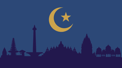 Indonesia Skyline Silhouette Featuring Crescent Moon Icon of Islamic Heritage © Bima