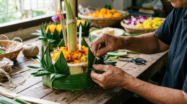 Person crafting a traditional krathong for Loy Krathong festival.