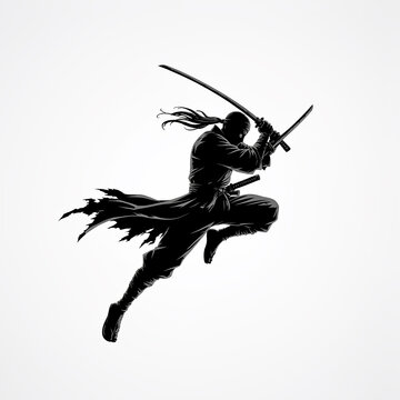 Ninja warrior leaping with swords in dynamic pose