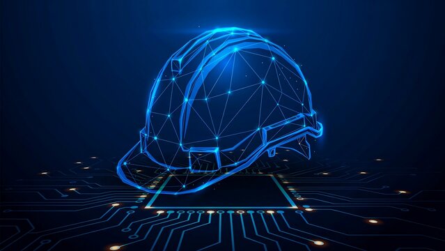Futuristic digital construction safety helmet with cybersecurity technology concept