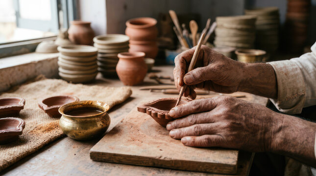 Potter hands shaping clay on a wooden board with tools.