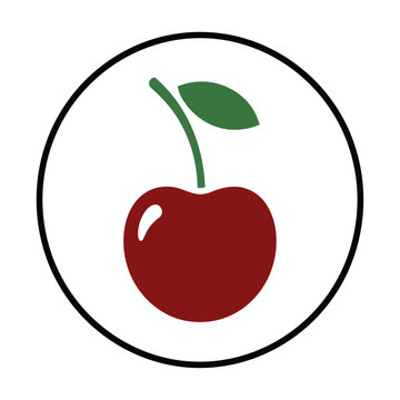 Minimalist cherry icon with a single leaf inside a thin circular frame isolated on a white background simple food design concept
