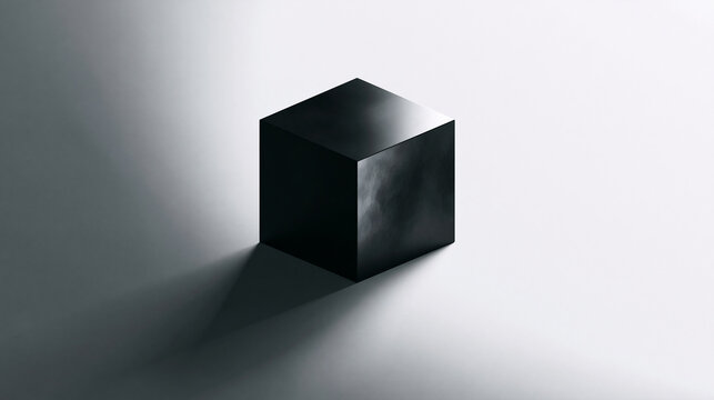 A black cube casts a soft shadow on a smooth white surface with light highlighting its edges in a minimalistic, modern setting.