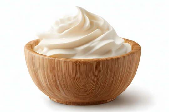 Fresh sour cream, mayonnaise, or natural yogurt served in rustic wooden bowl on white background. Creamy dairy product with smooth texture. Related to healthy eating cooking ingredients salad dressing