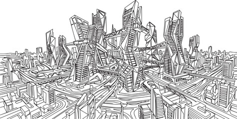 Fototapeta premium City landscape. Line urban backdrop, different buildings on street, doodle street draw, outline cityscape hand sketch, flat houses. Hand drawn vector illustration