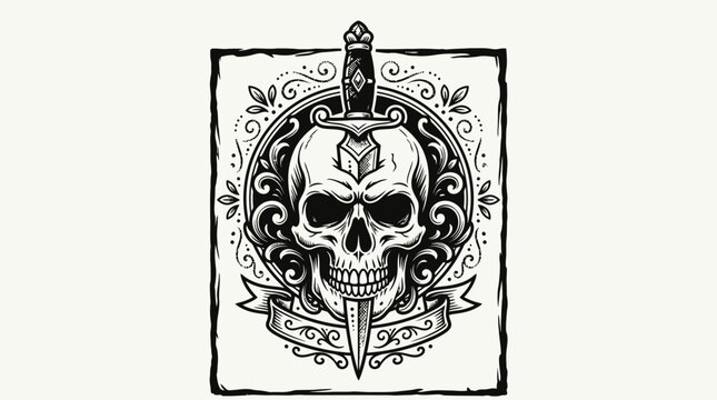 Tattoo Style Skull and Dagger Emblem with Ornate Flourishes