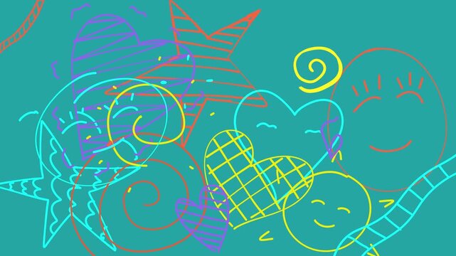 Colorful Doodle Pattern Video Animation&ndash; Hearts, Stars, and Sun on Green Background