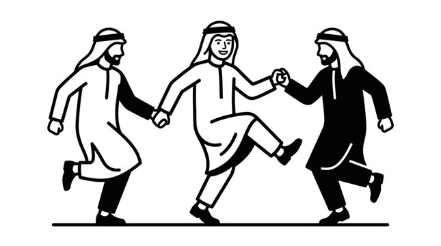 Three men in traditional Arab clothing dancing in unison, illustration