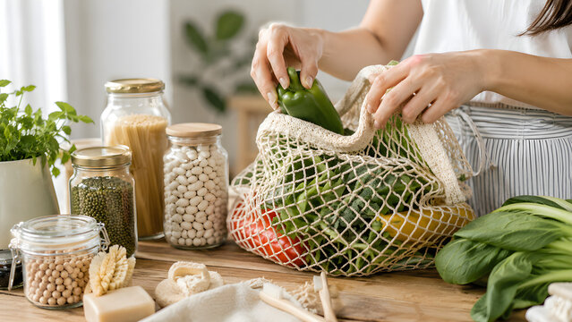 Zero waste plastic free shopping with reusable cotton mesh bag Generative AI