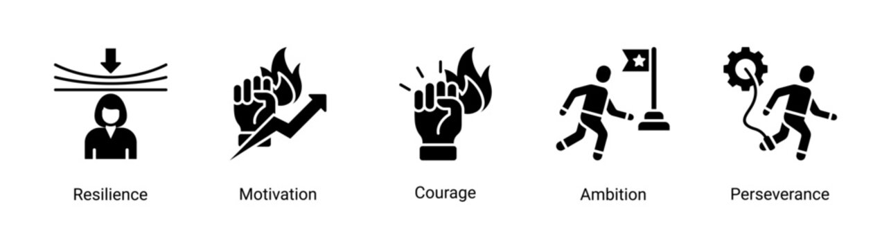 Inner Strength icon set featuring resilience,courage and perseverance concepts for overcoming challenges and achieving goals.
