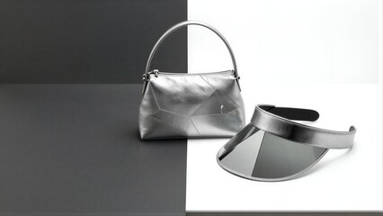 Obraz premium Silver handbag and visor on minimalist black-white background.