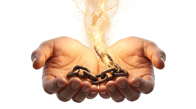 Cupped Human Hands Holding Broken Iron Chains Transformed into Glowing Healing Golden Light