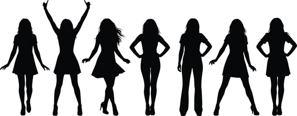 Silhouettes of women in diverse poses and outfits symbolizing fashion, posture, and expressive body language © Fenshi