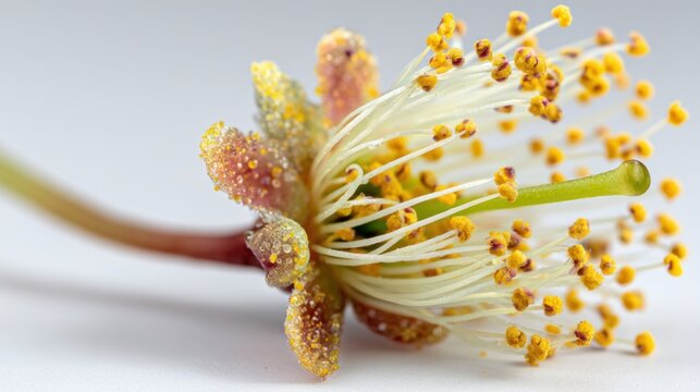 Macro shot of delicate flower, focused on stamen and pistil with intricate details and pollen