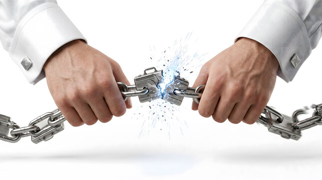Strong Hands Snapping Heavy Security Padlock Chain Apart with Blue Laser Sparks Isolated
