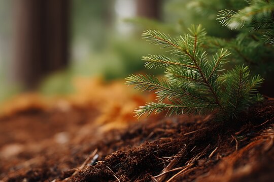 Close-up of young pine tree sapling growing in forest soil with blurred background during daytime