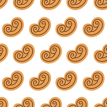 Flat cartoon bakery collection, featuring regular rows of hand-drawn French elephant ear cookies with simple line art. Minimalist graphic asset for cafe theme textile print, kitchen wallpaper, wrap