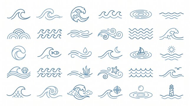 Create a premium vector collection of minimalist ocean wave line icons arranged in a clean, evenly spaced grid on a pure white background. Include a wide variety of elegant blue wave illustrations ins