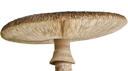 Detailed view of a brown parasol mushroom with gills, isolated on transparent background © iPNG