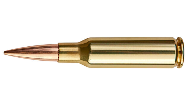 Shiny brass bullet with copper tip, isolated on transparent background