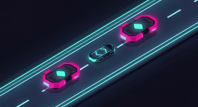 Neon Futuristic Racing Cars Driving on Cyberpunk Digital Road with Bright Light Trails