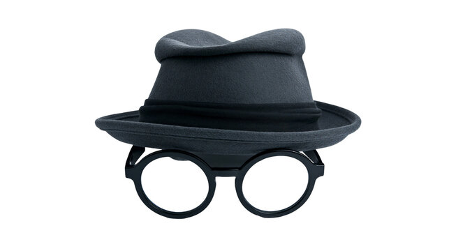 Dark grey fedora hat with black band and round glasses, isolated on transparent background