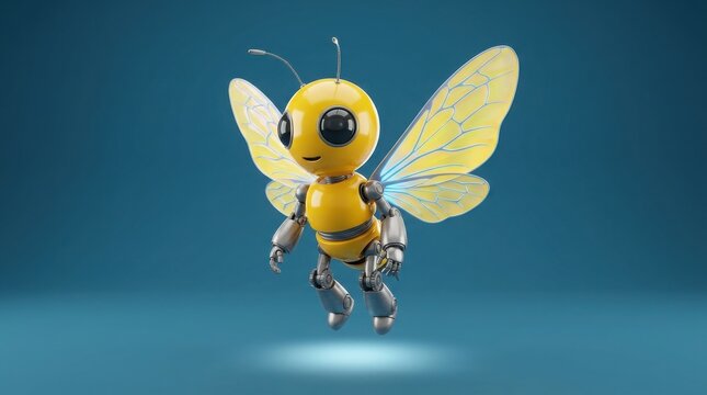 Cute robotic bee character flying with shiny yellow wings