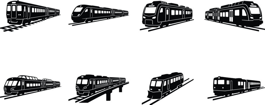 Black train silhouette icon vector set with different perspectives for railway and public transit design