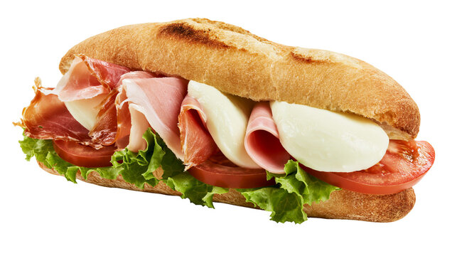 Hearty Italian sub sandwich with prosciutto mozzarella tomato and lettuce, isolated on transparent background