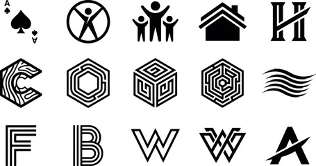 Set of abstract black and white logo icons and geometric shapes with graphics geometry elements abstract typography patterns creative minimalist collection branding concepts © creative zone