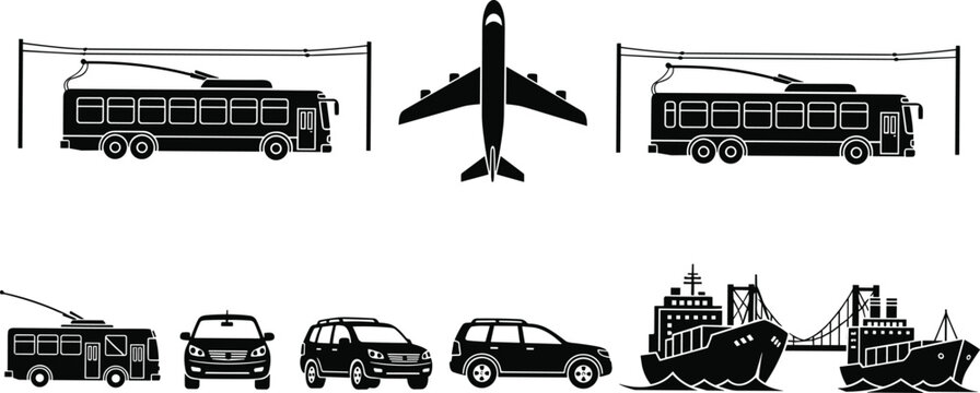 Silhouettes of transportation modes including trolleybus, airplane, cars, cargo ships, and suspension bridge in grid layout