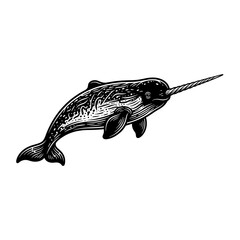 Black and white narwhal illustration swimming gracefully. Monochrome marine mammal vector art with elegant tusk detail. © MdShohel