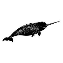 Black and white narwhal illustration swimming gracefully. Minimalist marine mammal vector art for commercial design projects. © MdShohel