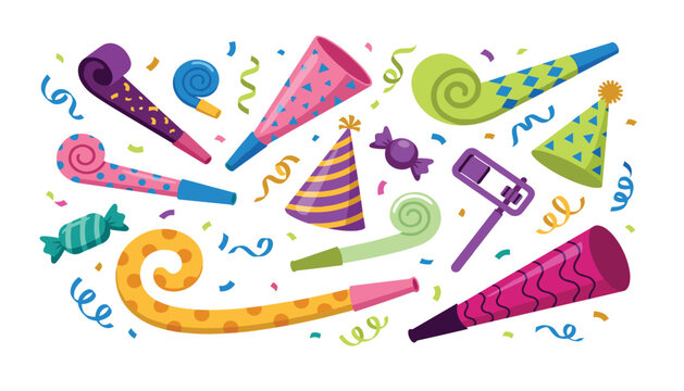 Colorful birthday party elements vector set featuring festive blowouts noisemakers cone hats candy and flying confetti holiday illustration icons