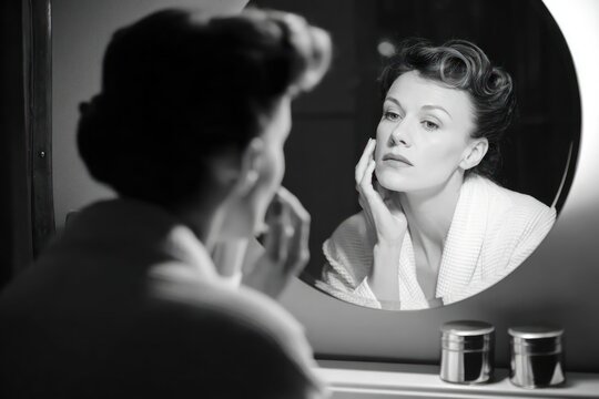 Black and white close up of a woman looking at her reflection in a mirror applying skincare