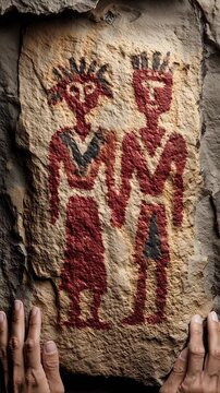 Ancient cave painting art showing primeval human couple on neutral textured stone wall background