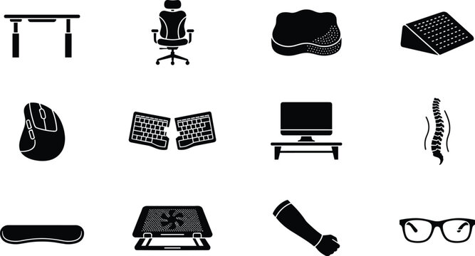 Ergonomic Workplace Setup and Orthopedic Office Accessories Solid Icon Set with Healthy Human Posture Support Symbols Vector Illustration Style