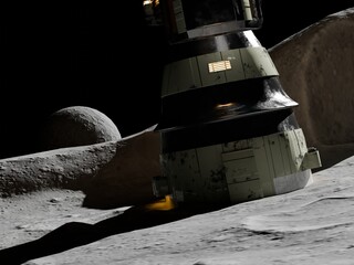 Moon landing station illustration with spacecraft module on rugged lunar terrain for space exploration themes. © Space