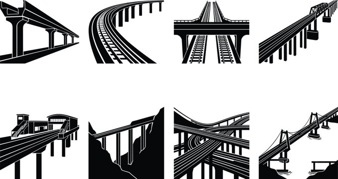 Elevated railway bridge structures and multi level railroad junction black silhouette vector icons set