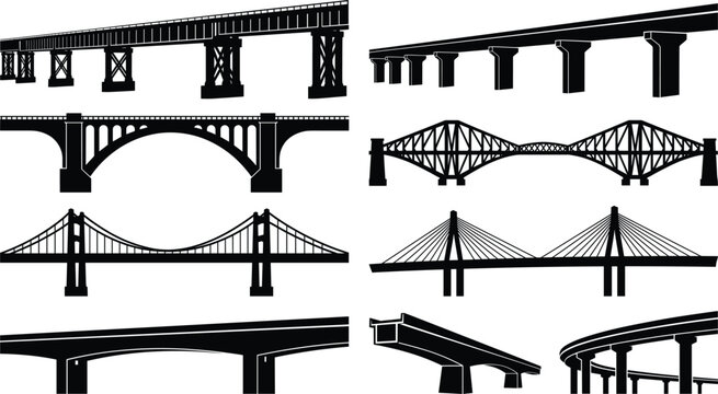 Bridge Silhouette Collection Featuring Railway Highway Suspension Arch and Cable Stayed Bridge Vector Set