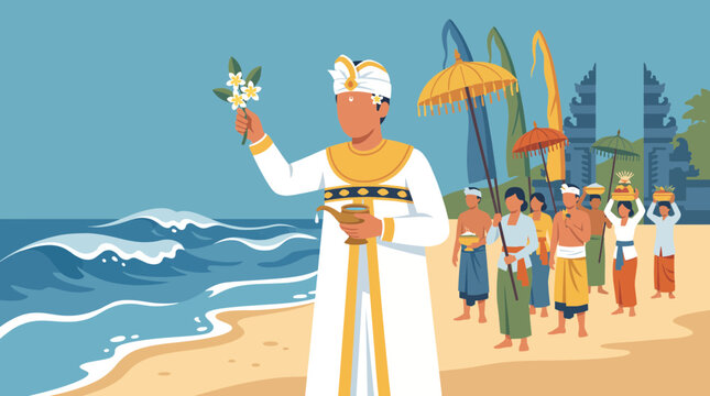 Priest Performing Melasti Purification Ceremony Flat Style Vector Illustration