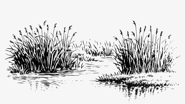 Black and white cattail illustration, vector cattails, wetland plants, nature graphics