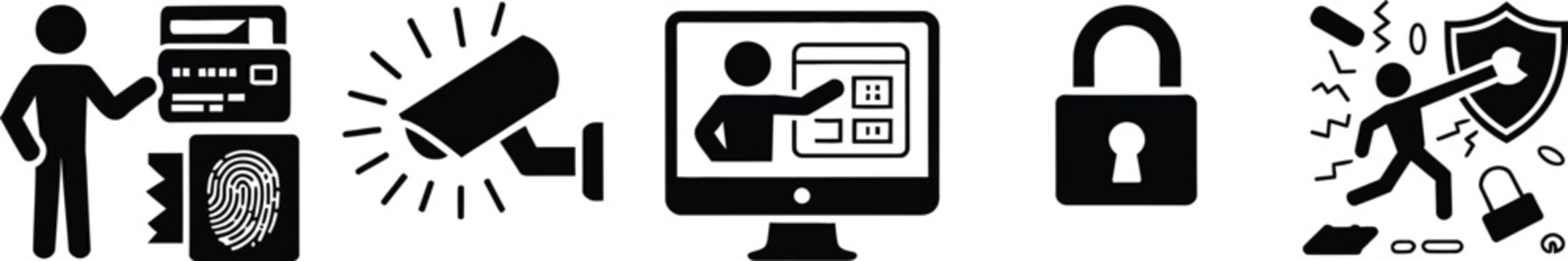 Cybercrime icon set, black and white hacking, identity theft, personal data breach, surveillance and cybersecurity pictograms for digital security awareness.