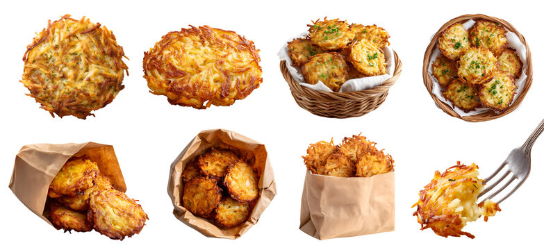 Set of rostis rooschti grated potatoes pancakes, golden fried crispy baked, on fork, rattan basket with napkin, takeout paper bag, stack pile broken bitten, transparent cutout PNG mockup