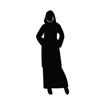 Elegant silhouette of a standing woman wearing a traditional modest hijab dress on white background