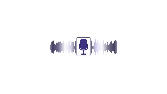 Purple microphone icon within a sound wave graphic on a white background Keywords: microphone, sound wave, audio, recording, voice, speech, music, podcast, radio, communication, technology, symbol