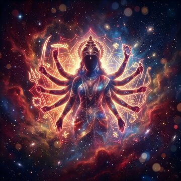 A mystical cosmic representation of Goddess Durga manifesting from stardust and celestial energy in the
deep universe.