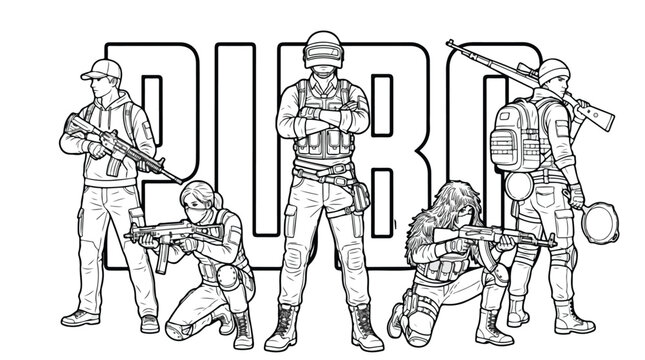 Battle royale squad coloring page vector, tactical soldiers with weapons line art, gaming characters in combat gear illustration