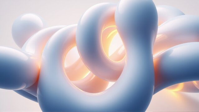 Abstract fluid shapes intertwine, creating luminous knot. Soft lighting highlights smooth surfaces, warm tones visible. Minimalist composition.